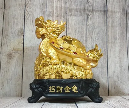 Thần rùa đầu rồng vàng lưu ly kéo bắp cải xanh trăng cam trên hồ sen hồng - Bách Tài Quy Lai LN161